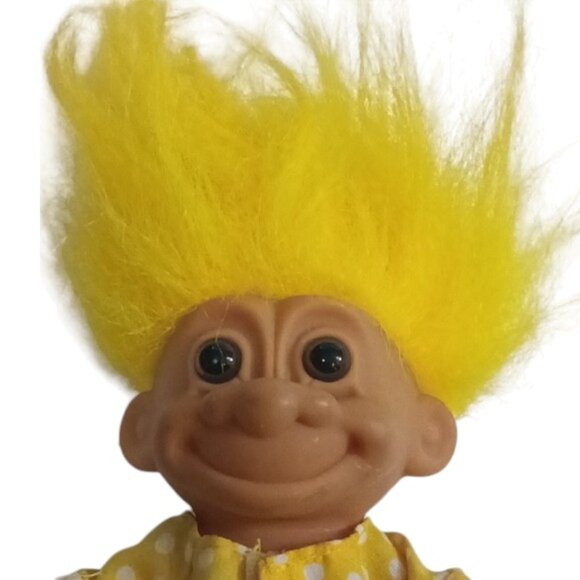 Vintage 1980s Russ Yellow-Haired Troll Doll Duck Wearing Yellow Polkadot Onesey - Picture 3 of 4